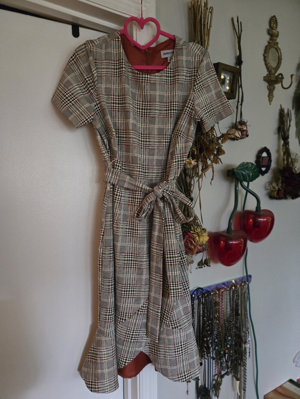 Twee Wrap Plaid Flutter Hem Short Sleeved Dress